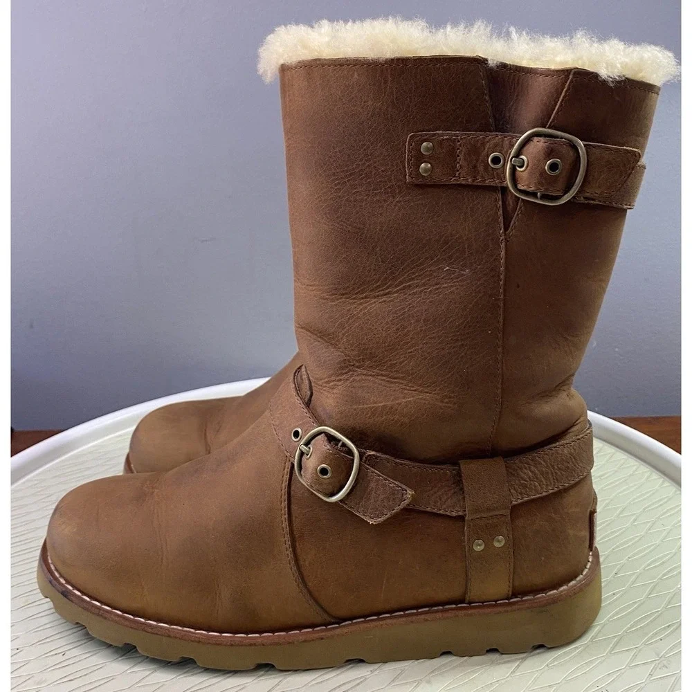 UGG Noira Womens Waterproof Leather Sheepskin Lining Boots Chestnut Brown 7